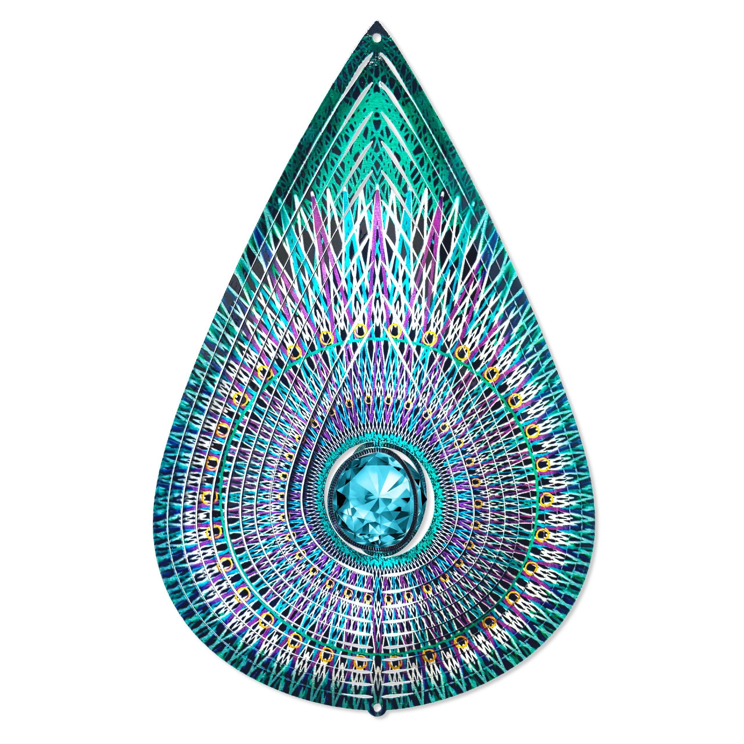 14-inch Crystal Cosmic Teardrop wind spinner with gazing ball centerpiece, showcasing vibrant colors as it twirls in the garden or patio.