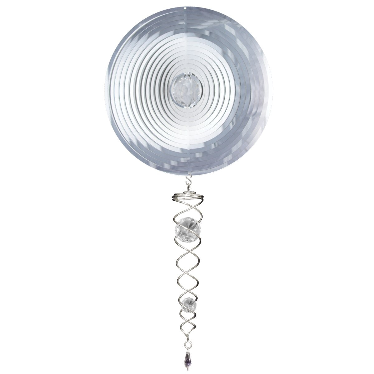 Crystal Mirror Circle wind spinner featuring a 6.5-inch spinner, 7.5-inch twister, and cut glass crystal center, sparkling outdoors in sunlight.