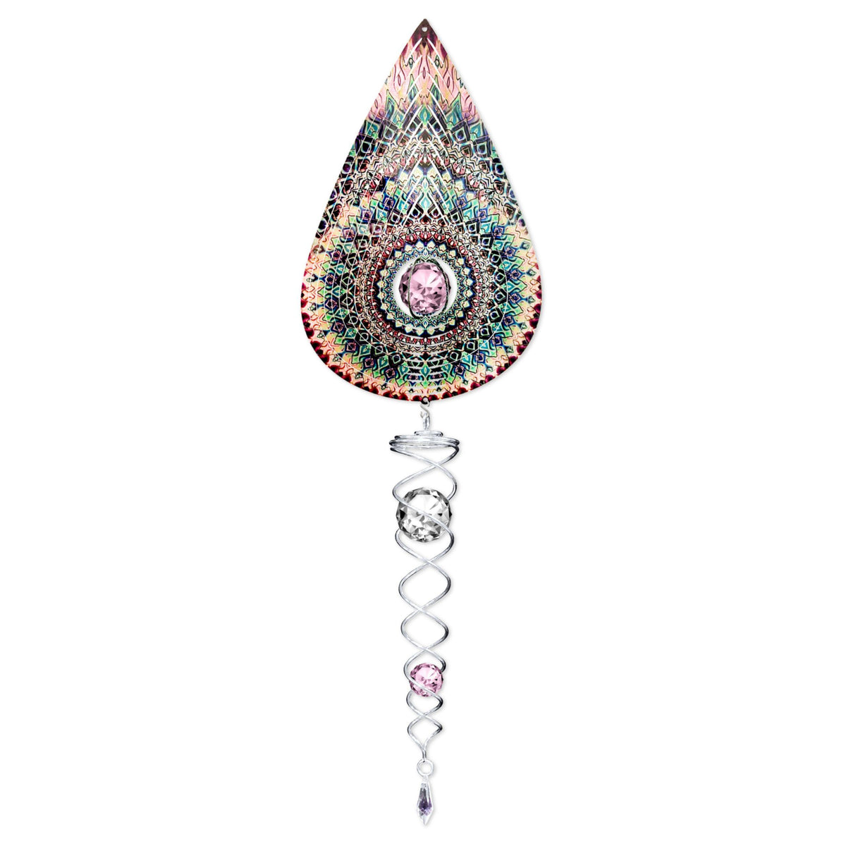 Crystal Rose Teardrop wind spinner set featuring a sparkling crystal centerpiece and a twister, displayed outdoors, reflecting light and colors.