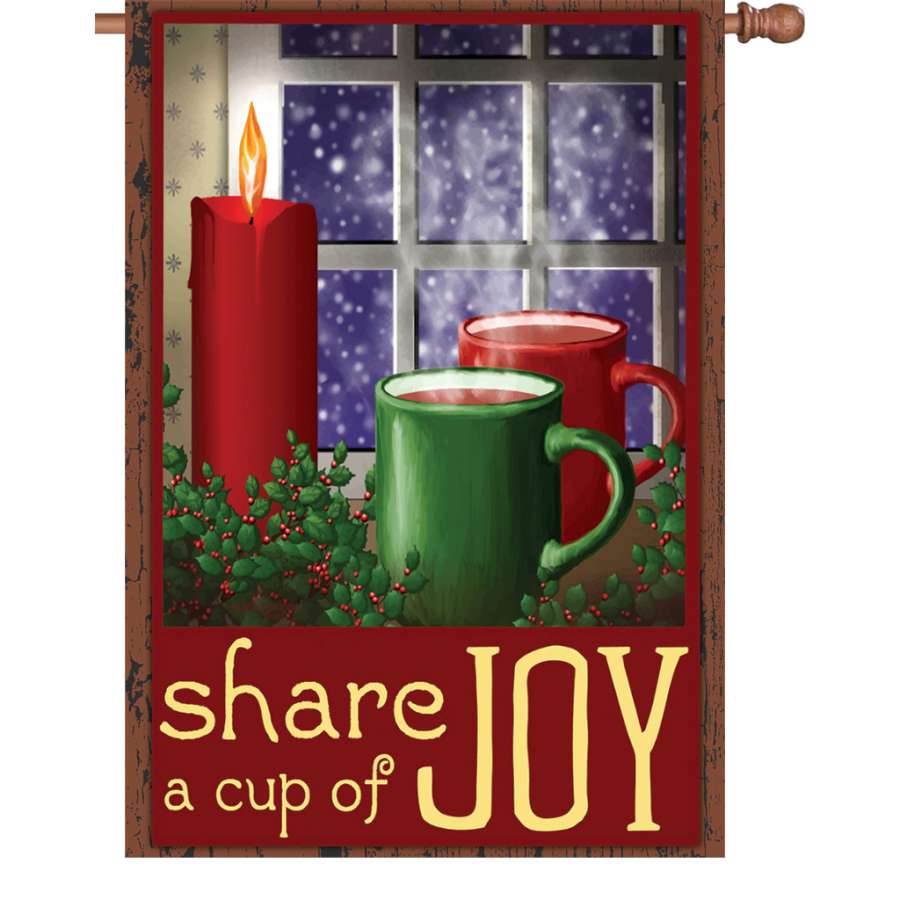 28-inch Cup of Joy flag made with PremierSoft fabric, featuring vibrant colors and 'Share a Cup of JOY' text, displayed on a flagpole.