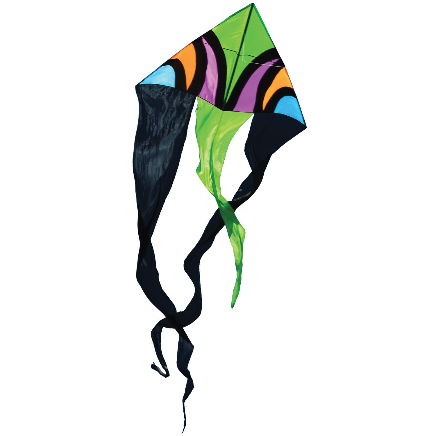 Dashiki 77' Wave Delta Kite soaring against a blue sky, showcasing vibrant patterns and colorful tails, designed for outdoor enjoyment.
