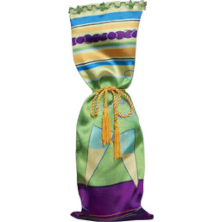 Deluxe Birthday Toast gift bag made of luxurious satin fabric, designed to hold wine or champagne, with tassels and decorative trim.