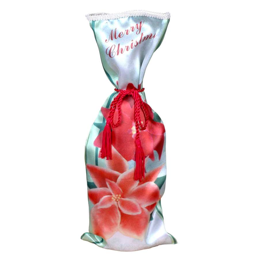 Luxurious Deluxe Gift Bag - Merry X-mas made of satin fabric, featuring decorative tassels and festive colors for elegant gift-giving.