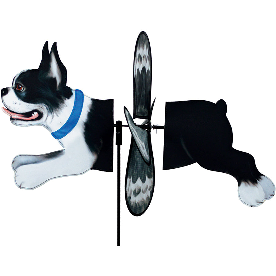 The visually striking Deluxe Petite Spinner features a Boston Terrier design, spinning effortlessly in slight breezes, ideal for garden decor lovers.