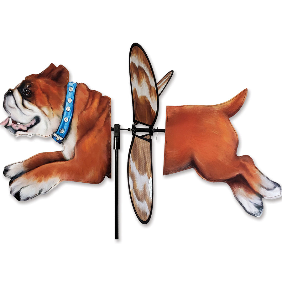 Deluxe Petite Spinner featuring a playful bulldog design spinning in a colorful garden setting, enhancing outdoor aesthetics.