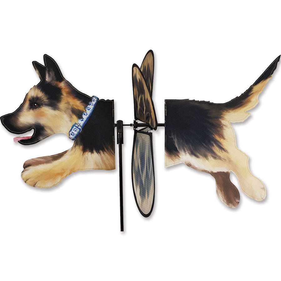 Deluxe Petite Spinner - German Shepherd spinning in a garden, featuring vibrant German Shepherd design against a serene outdoor backdrop.