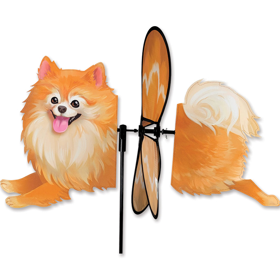 Deluxe Petite Spinner featuring a charming Pomeranian design spinning gracefully in a garden setting, showcasing vibrant colors and whimsical movement.