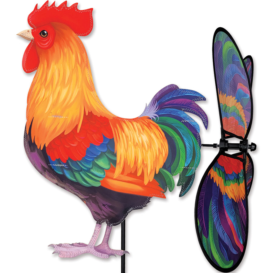 Deluxe Petite Spinner - Rooster with vibrant colors gracefully spinning in a garden, showcasing its whimsical design and sturdy build.
