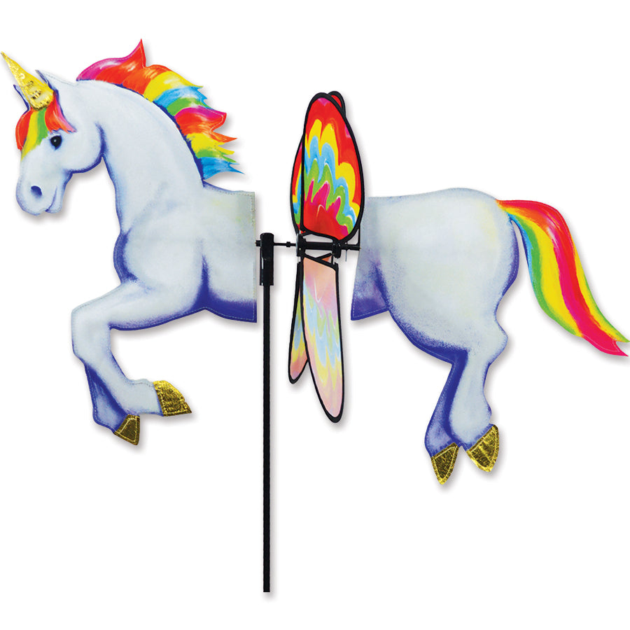 Deluxe Petite Spinner - Unicorn featuring a colorful unicorn design, gracefully spinning in an outdoor garden setting.