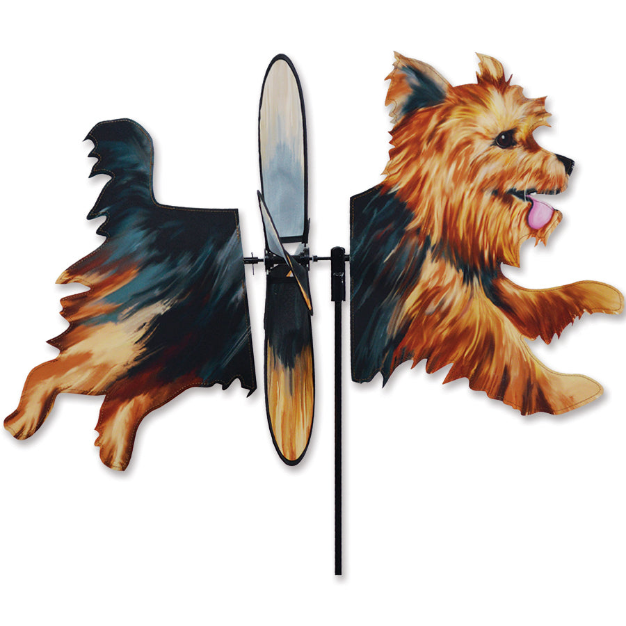 Deluxe Petite Spinner - Yorkie showcasing a vibrant Yorkshire Terrier design, spinning elegantly in a garden setting.