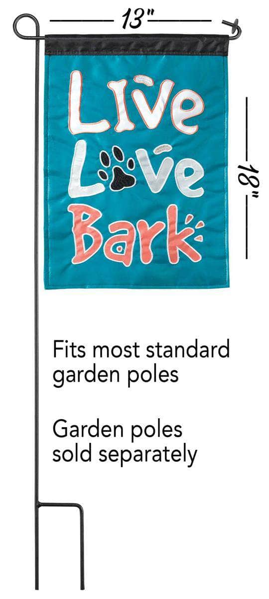Live Love Bark Garden Flag with double-thickness design, intricate applique stitching, and durable nylon construction for dog lover outdoor décor.