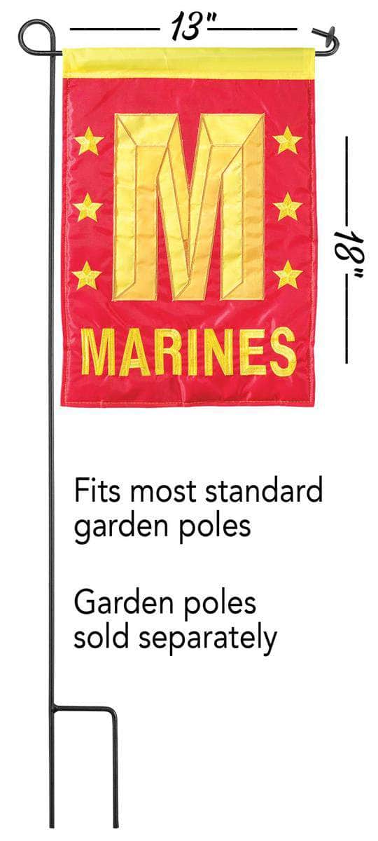 Marines Garden Flag with double-thickness design, intricate applique stitching, and durable nylon construction for patriotic outdoor décor.