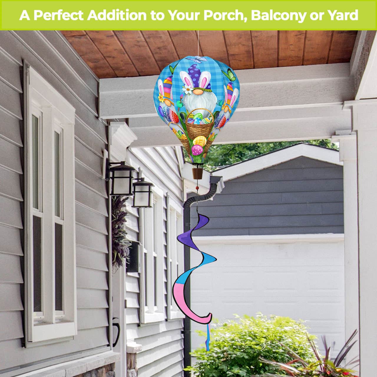 Hot air balloon spinner with whimsical Easter gnomes, colorful eggs, and spring design in weather-resistant polyester for festive outdoor seasonal décor.