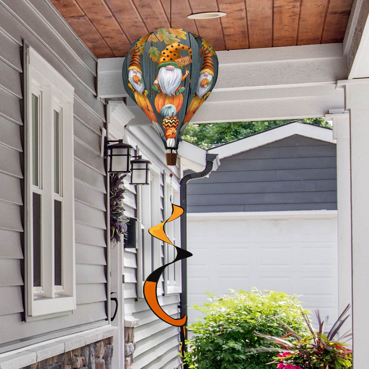 Fall gnomes hot air balloon spinner with autumn colors, durable polyester build, and seasonal outdoor decoration for garden or patio.