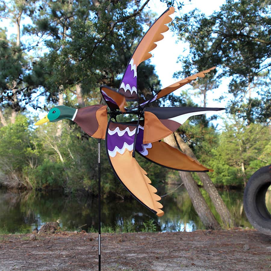 Oversized mallard duck spinner with realistic brown and green design, 43.5-inch wingspan, and smooth spinning motion for rustic outdoor landscapes.