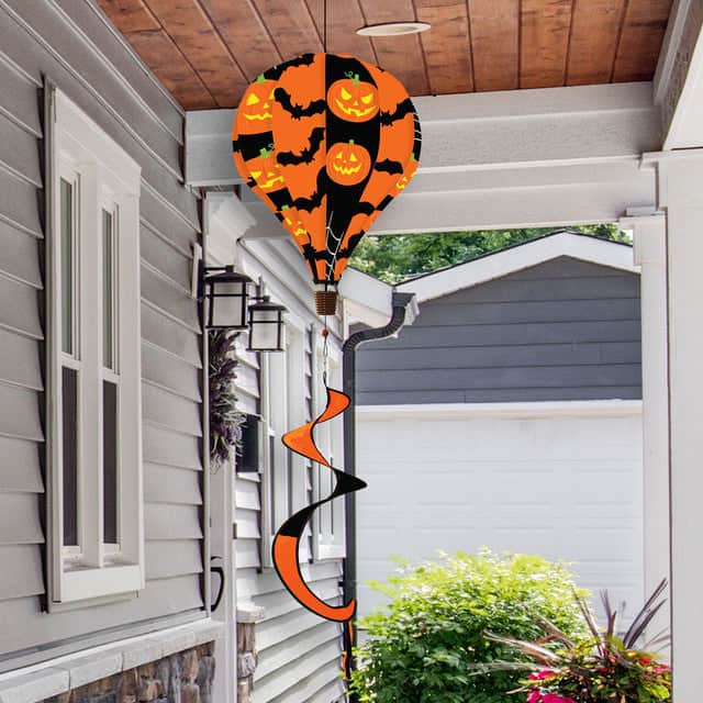 Halloween hot air balloon spinner with jack-o'-lanterns, bats, and durable spinning motion for spooky, festive outdoor Halloween décor.