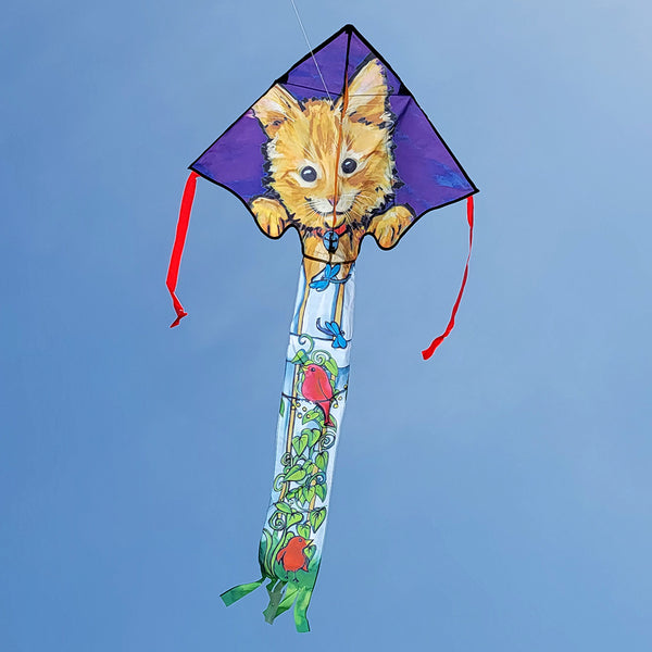 Large Easy Flyer Kite - Kitten on a Fence with adorable design, perfect for stable flying in winds from 5 to 18 mph.