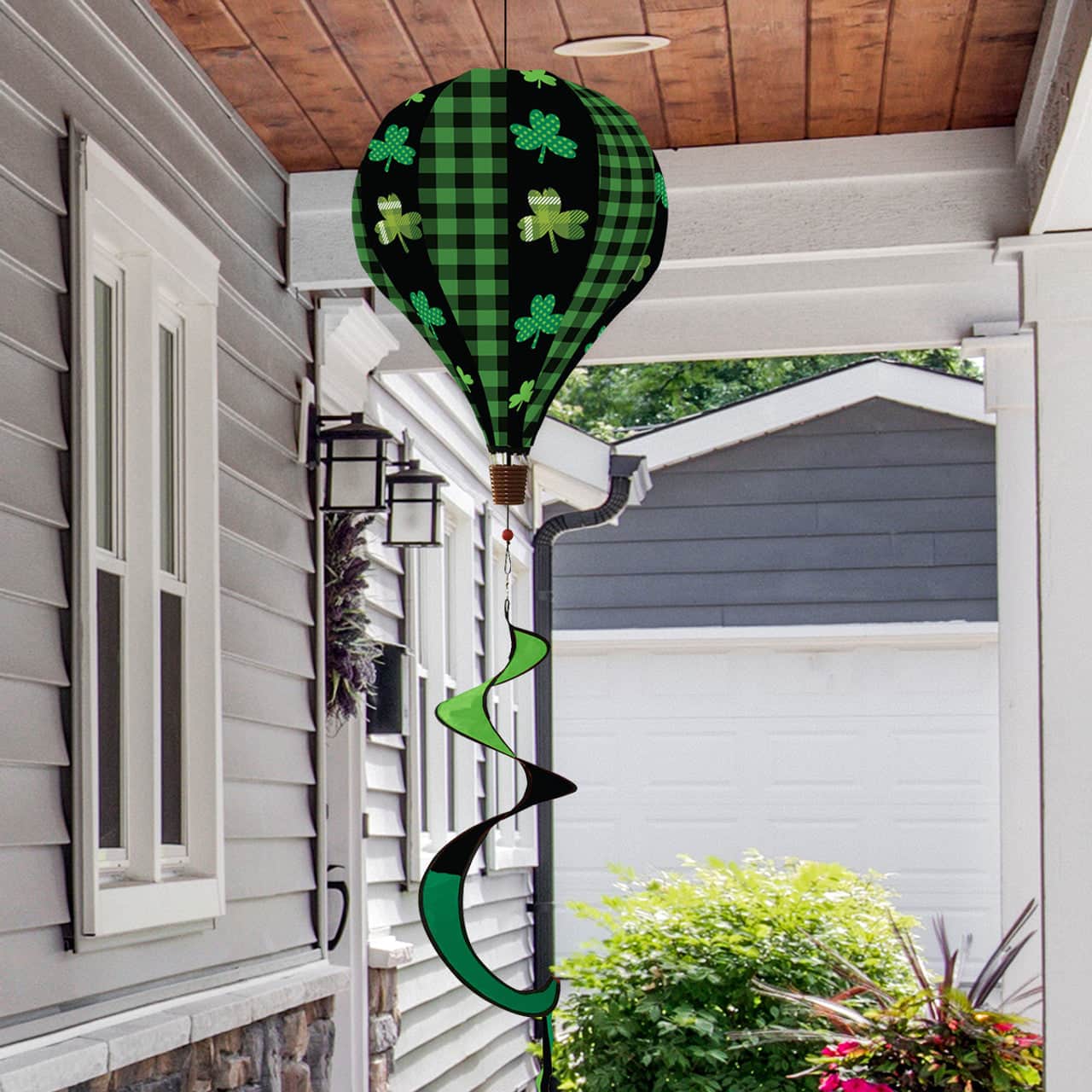 St. Patrick’s Day hot air balloon spinner with shamrock graphics, bold greens, and durable spinning design for festive outdoor holiday garden décor.