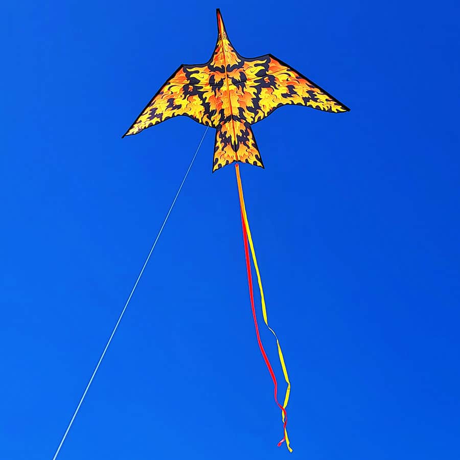 90 inch Thunderbird kite with fiery phoenix colors, smooth delta flight, vibrant design, and included line for easy and exciting outdoor fun.