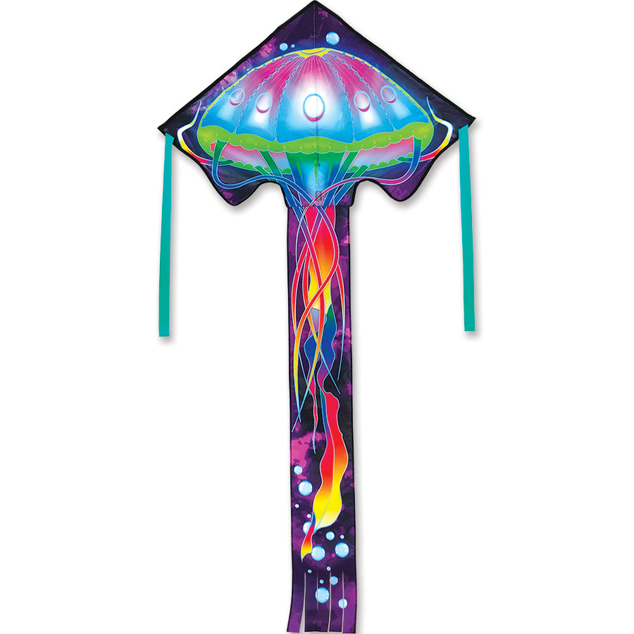 Jellyfish-themed Easy Flyer kite with flowing tails, perfect for beginners or relaxed high-flying fun. Designed for smooth, stable flight in light to moderate winds.