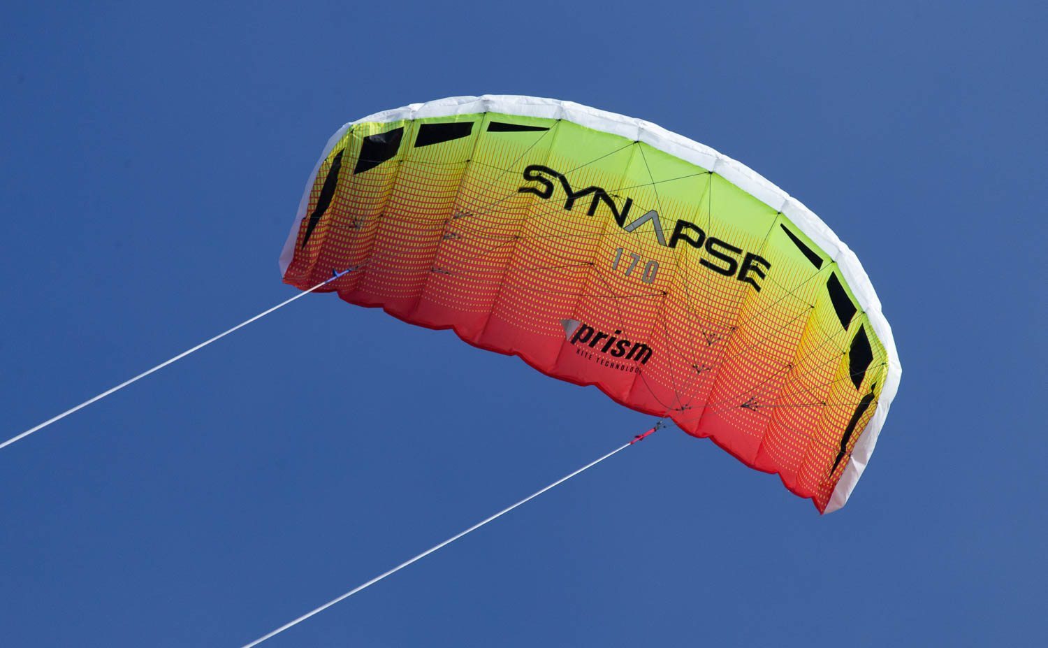 Synapse 170 dual-line stunt kite with frameless fabric sail, 66.5-inch wingspan, and ultra low-stretch Dyneema flying lines in a ready-to-fly package.