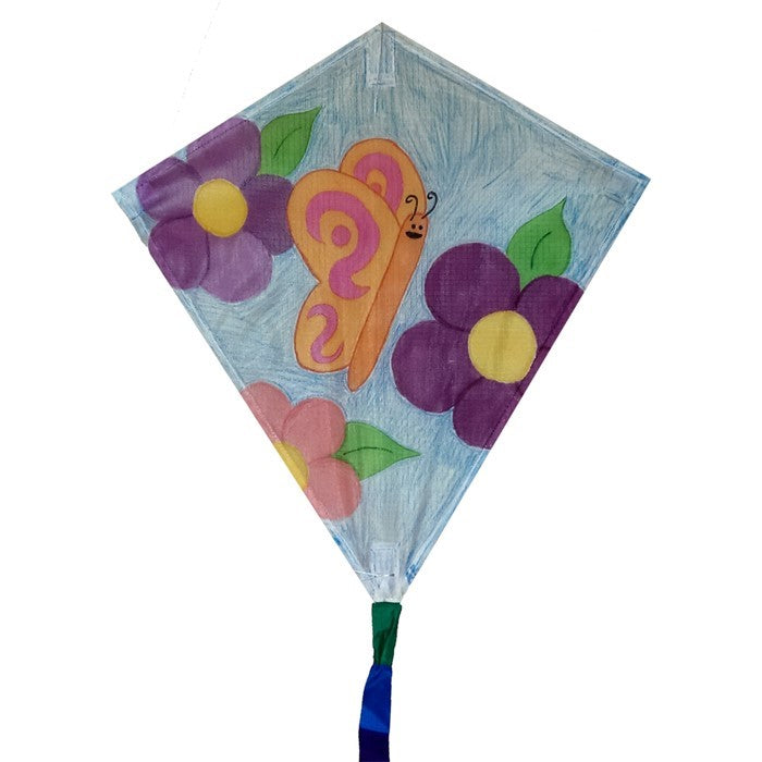 A Diamond Coloring Kite features a classic diamond shape, white weather-resistant fabric for coloring, and 78-inch rainbow tails for added flair.