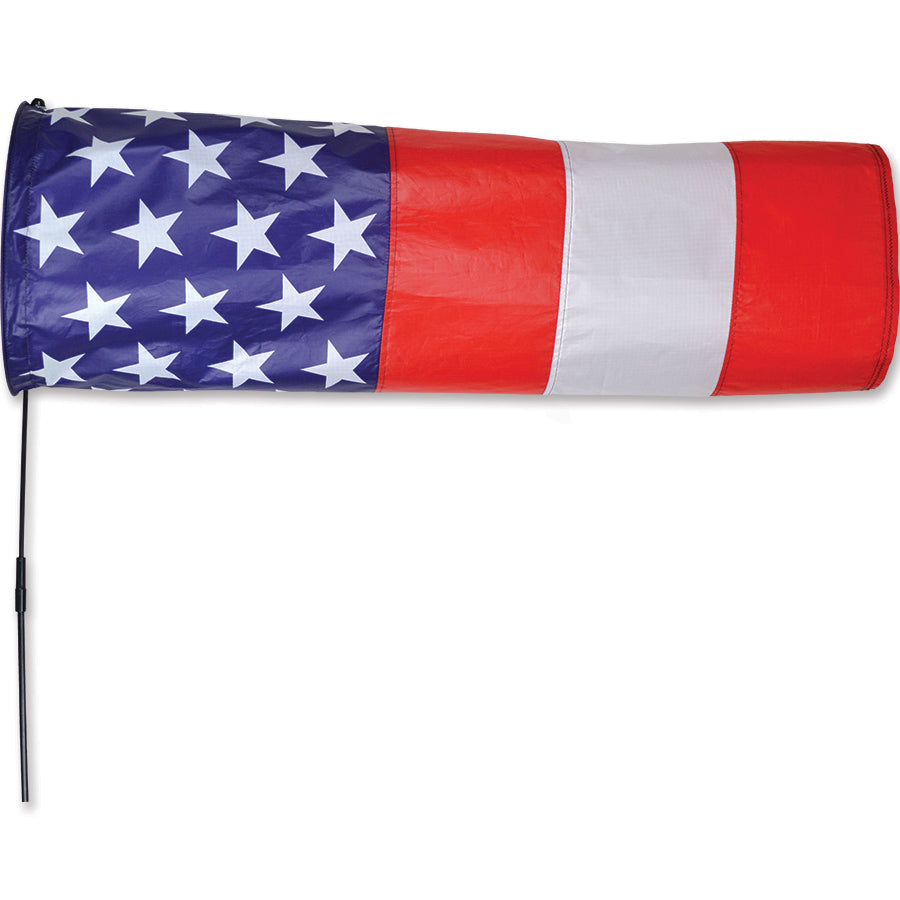 8-foot high patriotic Directional Windsock displayed outdoors, showing colorful fabric rotating with the wind on a sunny day.