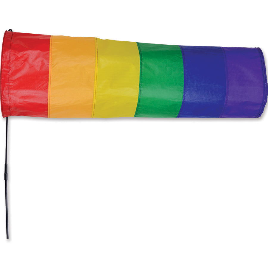 Directional Windsock - Rainbow, an 8-foot vibrant garden decoration rotating in the wind, showcasing its colorful design against the sky.