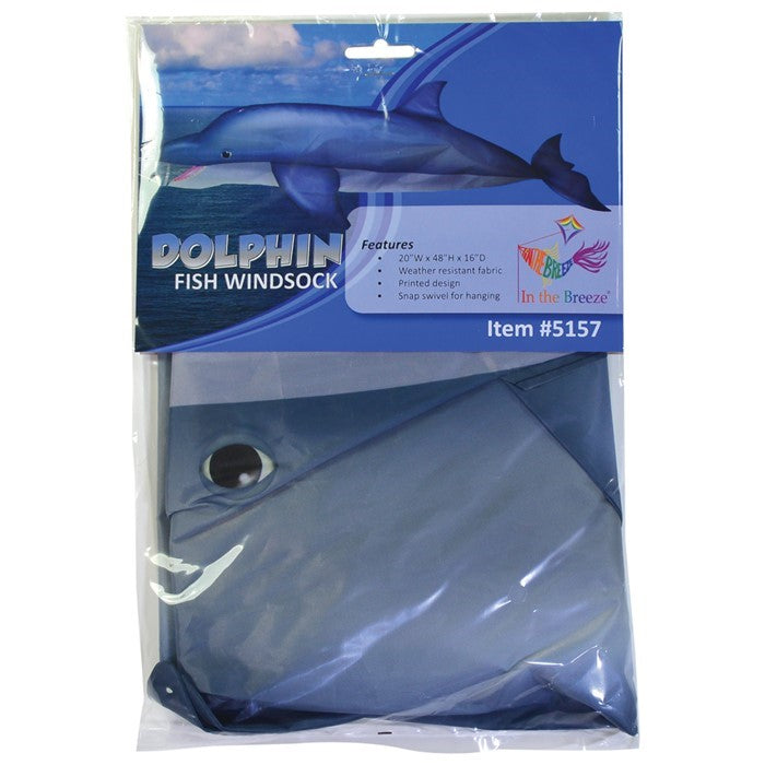 Dolphin 48 inch Fish Windsock with realistic design, perfect for outdoor coastal decor or gifting to ocean lovers.