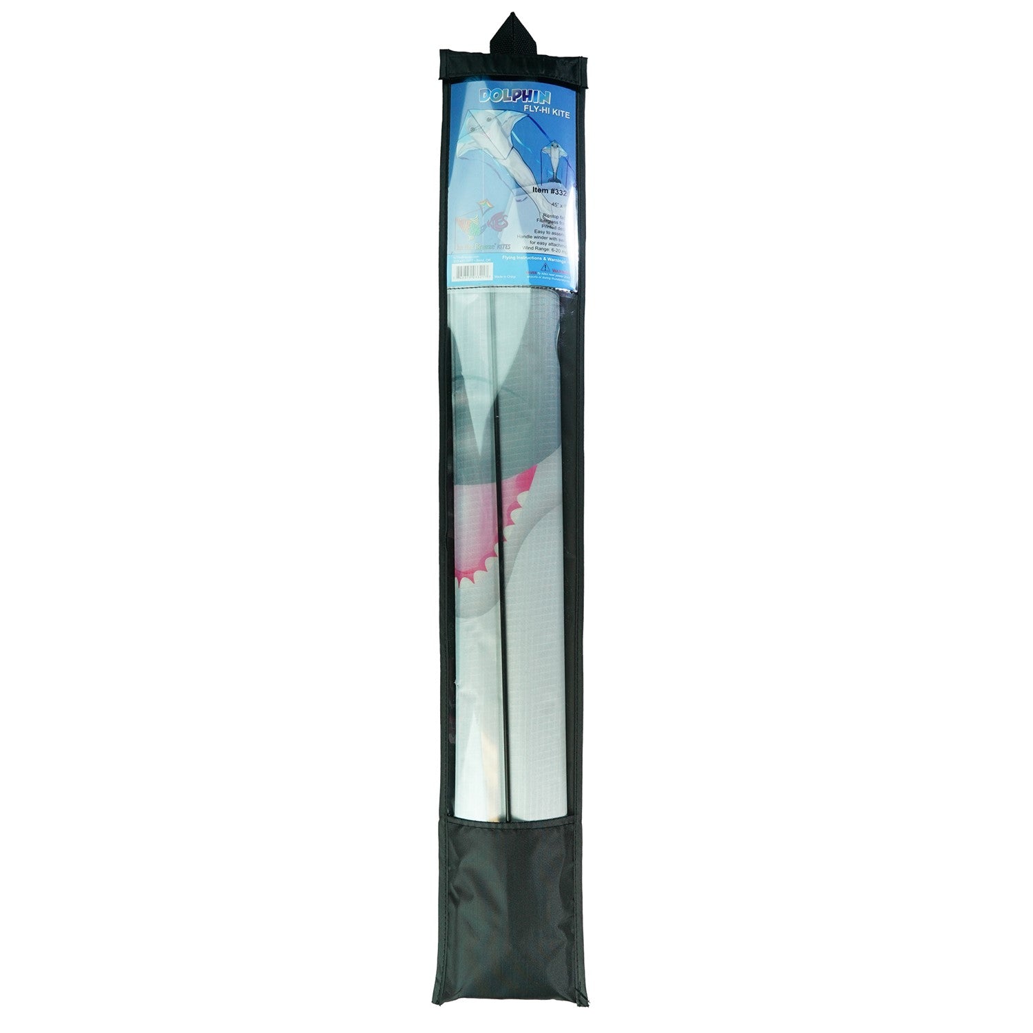 Dolphin 45-inch Fly-Hi Kite flying high in a blue sky, featuring a vibrant dolphin design and colorful streamer tails.