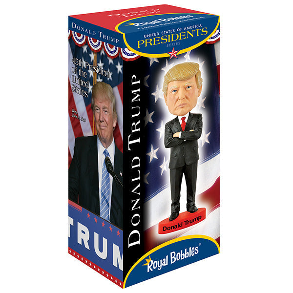 Donald Trump bobblehead over 8 inches tall, featuring an intricate design and hand-painted details, perfect for collectors and supporters.