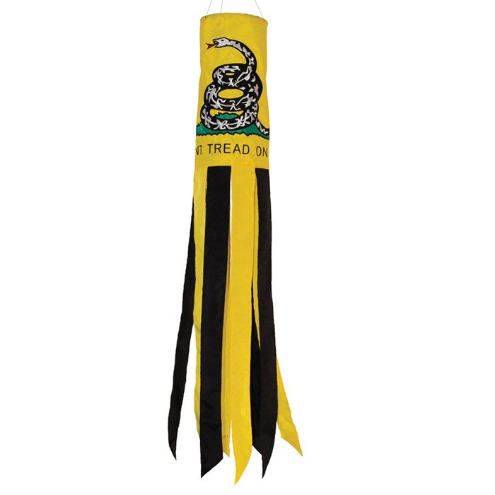 Don't Tread on Me 40-inch windsock featuring bright Gadsden flag design, displaying colorful tails in an outdoor setting.