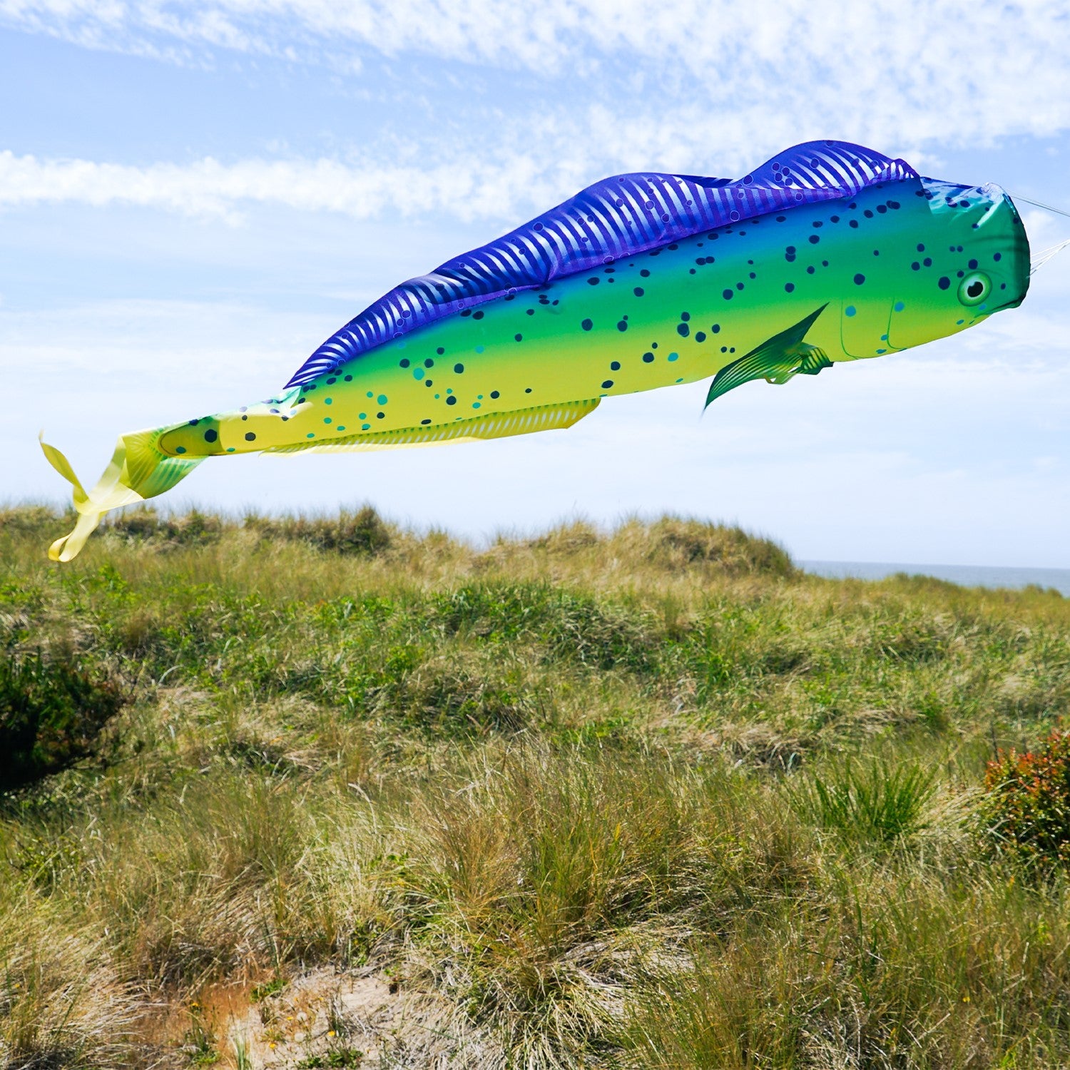 Dorado 48-Inch Fish Windsock with a colorful fish design displayed outdoors fluttering in the breeze near a boat dock.