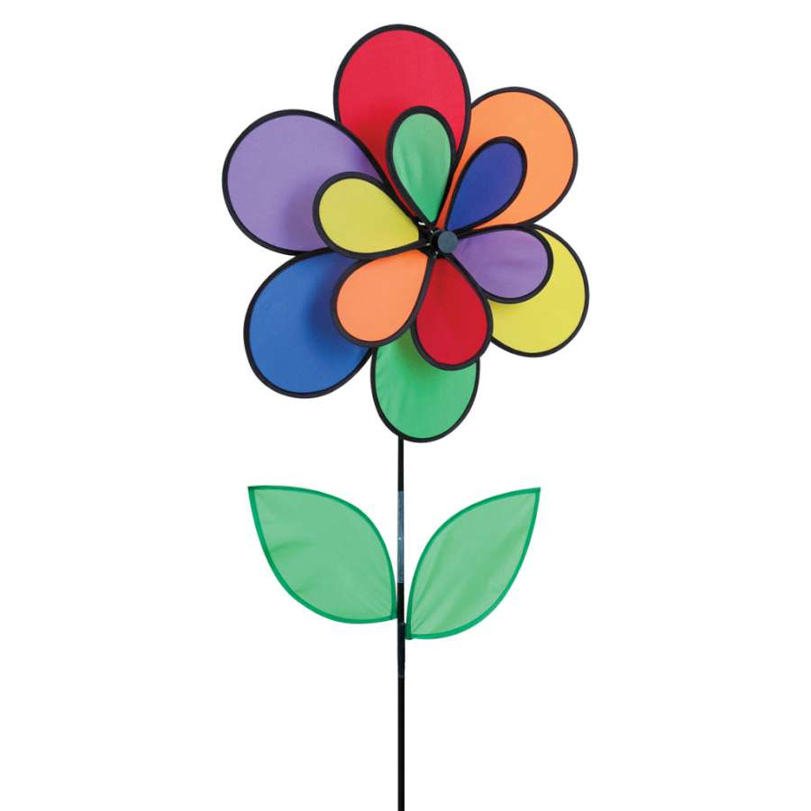 Double Daisy Spinner with colorful rotating blades displayed in a vibrant garden setting, adding dynamic movement and charm to the outdoor space.