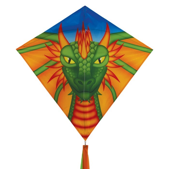 Dragon 30 inch diamond kite with colorful dragon design soaring in clear blue sky, featuring three long tails for stability.