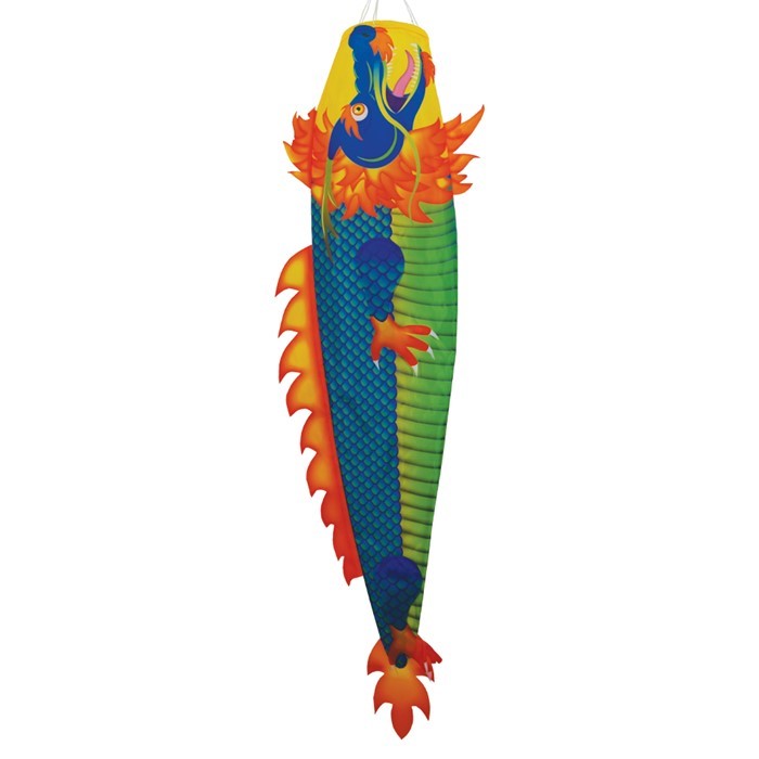 Colorful Dragon 50 inch 3D Windsock flying in the wind, showcasing vibrant dragon design in an outdoor garden setting.