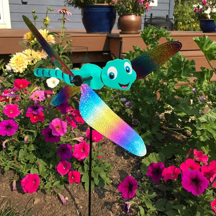 Colorful Dragonfly Baby Whirligig garden decoration with reflective mylar wings, spinning in the breeze, designed to add charm to outdoor spaces.
