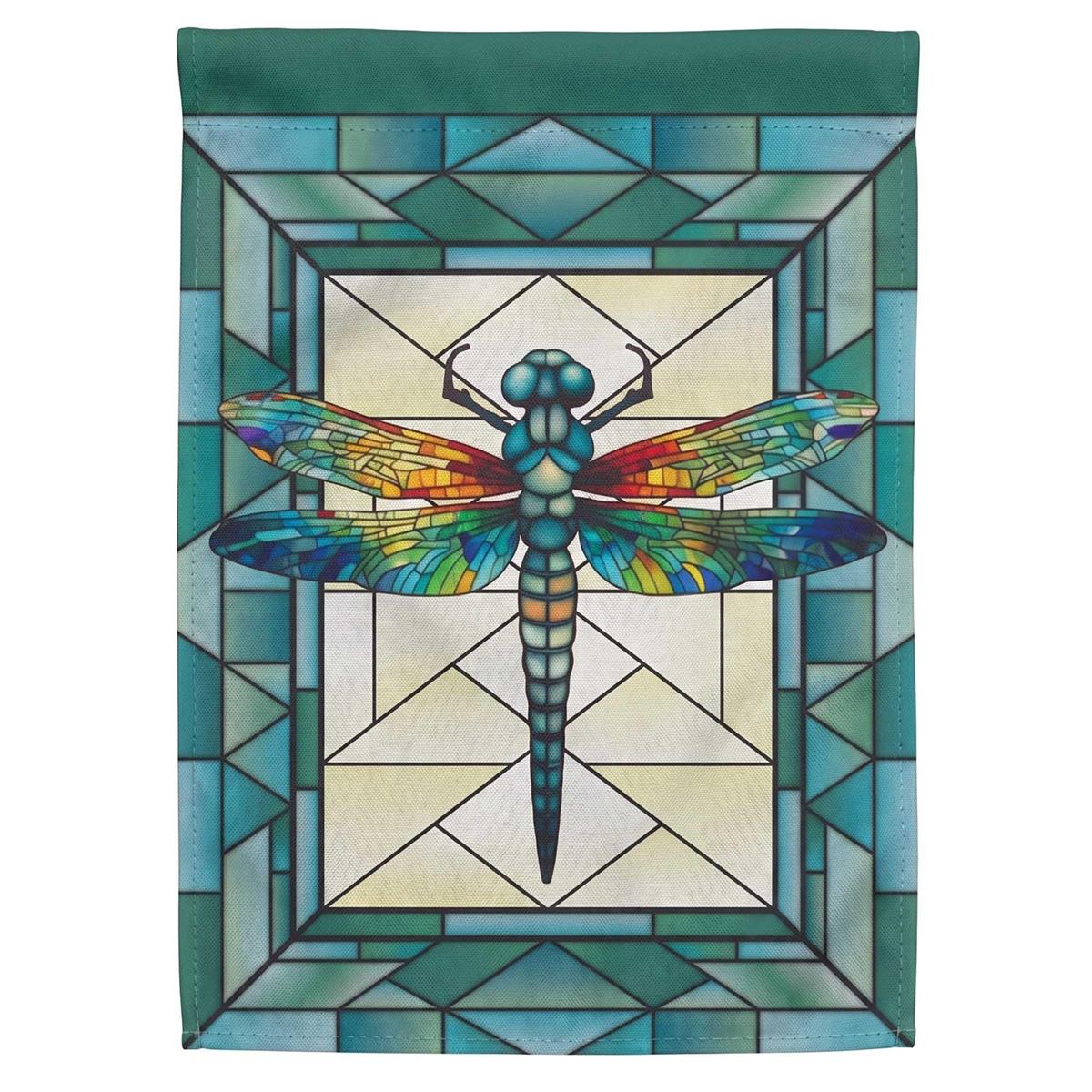 Vibrant Dragonfly Garden Flag measuring 13x18 inches, designed to create a stained glass effect in an outdoor garden setting.