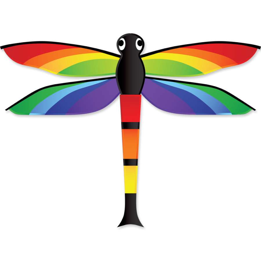 Dragonfly Kite measuring 58 x 44 inches with colorful design soaring against a blue sky during outdoor playtime.