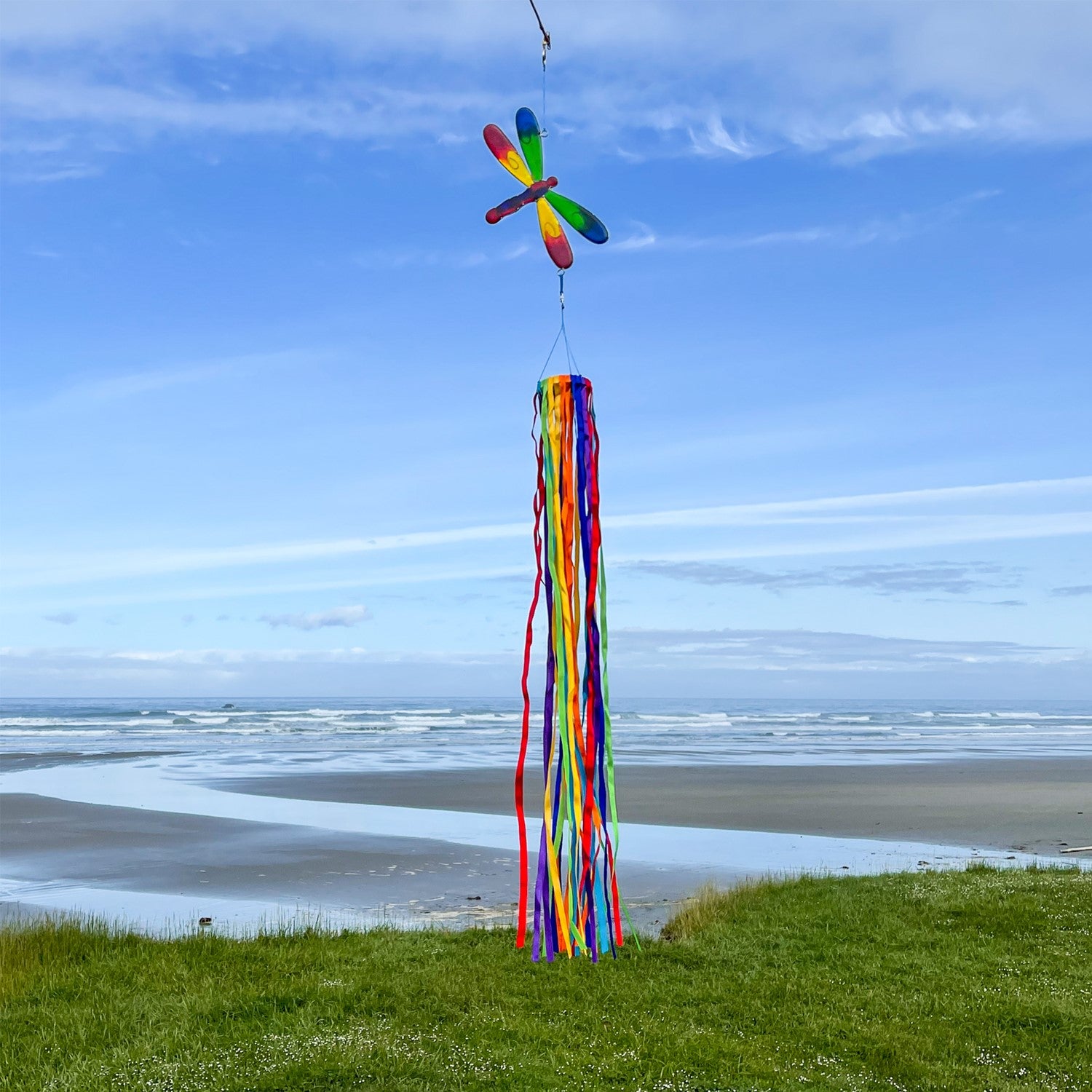 Visual description of the Dragonfly & Ribbon Windsock showcasing rainbow satin ribbons cascading from a decorative dragonfly ornament, adding color and motion to any garden space.