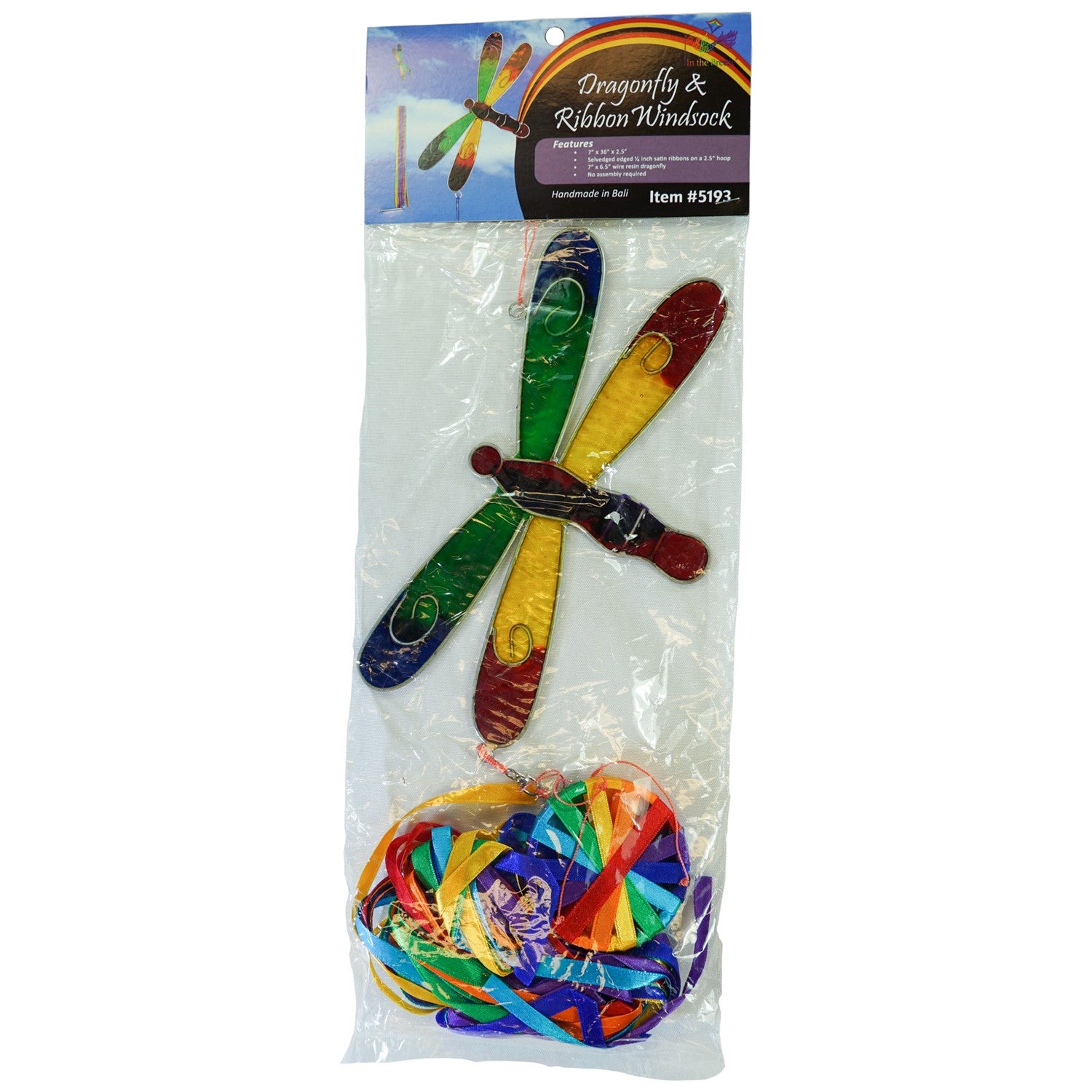 Visual description of the Dragonfly & Ribbon Windsock showcasing rainbow satin ribbons cascading from a decorative dragonfly ornament, adding color and motion to any garden space.