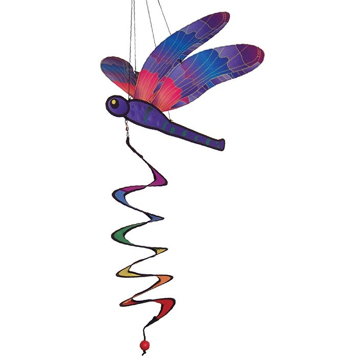 Dragonfly Theme Twister featuring moveable wings and vivid colors, charmingly spinning in a garden setting.