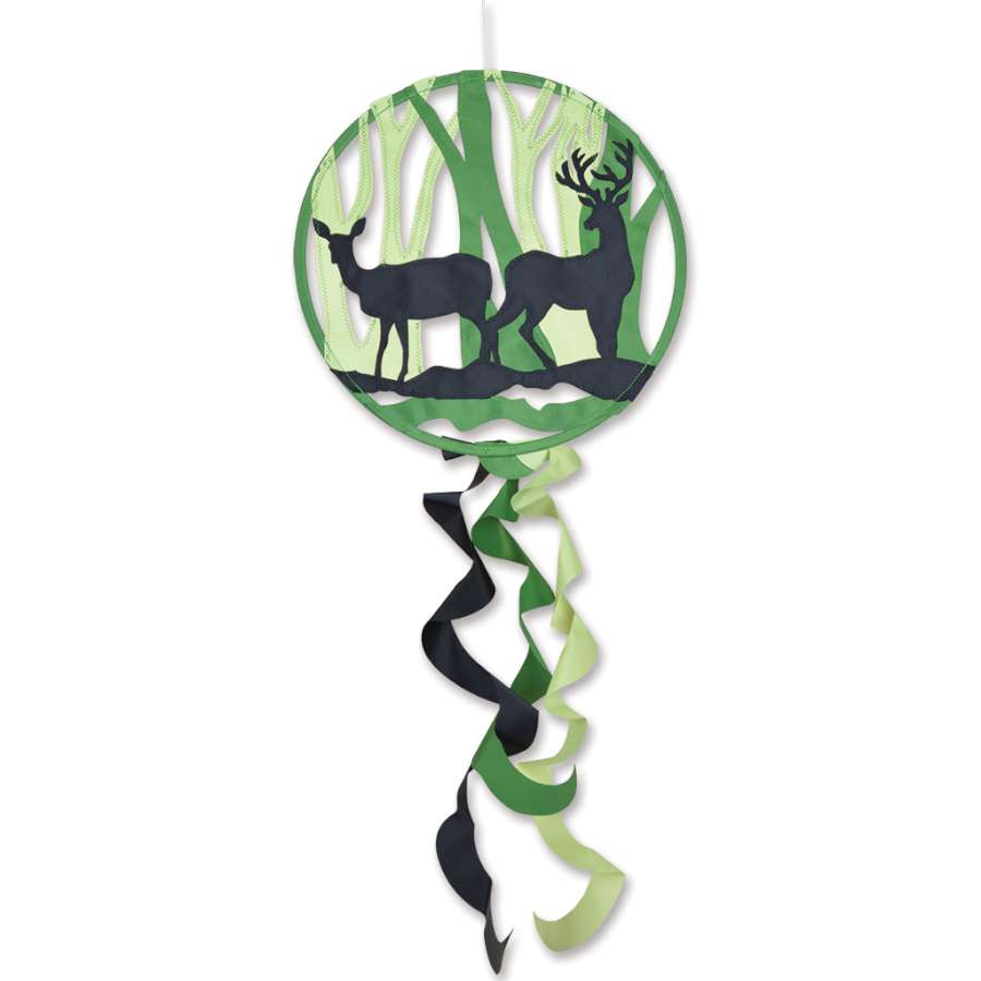 Dreamcatcher - Deer with colorful deer design, 15-inch hoop and 18-inch flowing tails, hanging gracefully on a porch in a breezy outdoor setting.