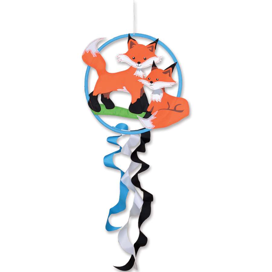 Vibrant Dreamcatcher - Fox featuring a colorful fox design with 15-inch hoop and flowing 18-inch tails, hanging gracefully in an outdoor setting.
