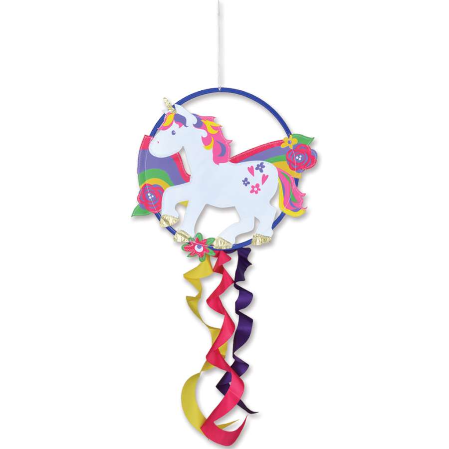 Vibrant Dreamcatcher - Unicorn featuring a majestic unicorn design with colorful tails, hanging elegantly against a backdrop outdoors.