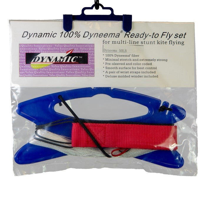 Dynamic 50# x 80' Dyneema kite line displayed with colorful straps, showcasing its lightweight and strong features for kite enthusiasts.