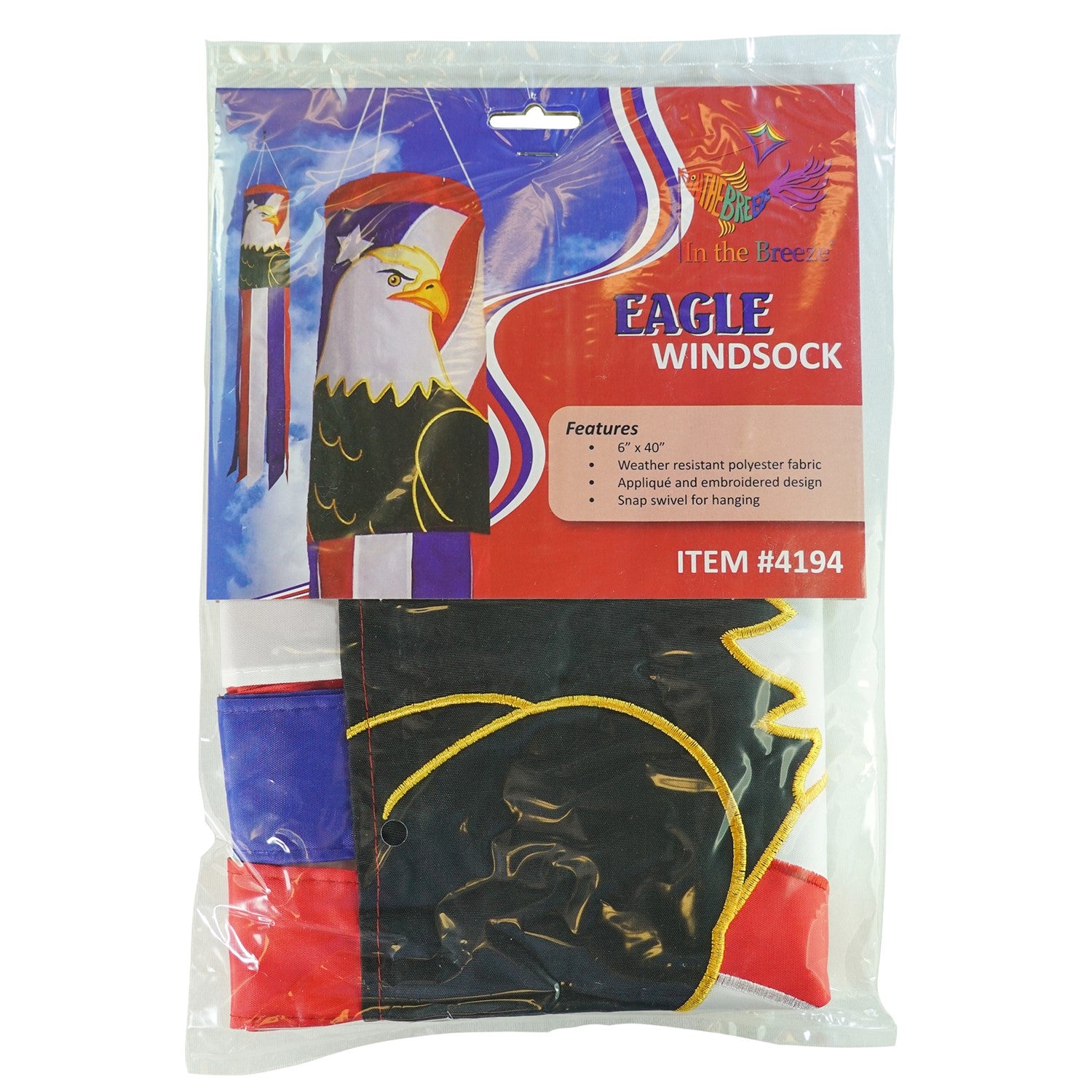 Eagle 40-inch windsock displaying vibrant red, white, and blue colors with applique design and coordinating tails fluttering in the breeze.