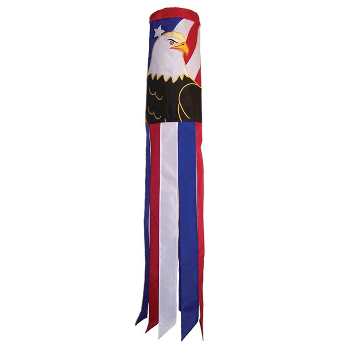 Eagle 40-inch windsock displaying vibrant red, white, and blue colors with applique design and coordinating tails fluttering in the breeze.