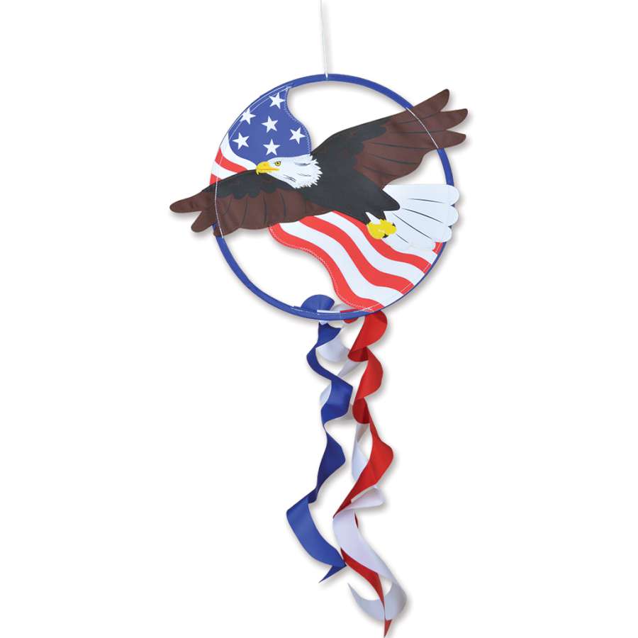 15-inch Eagle Dreamcatcher vibrant design with tails swaying in the breeze, hanging on a porch in outdoor decor setting.