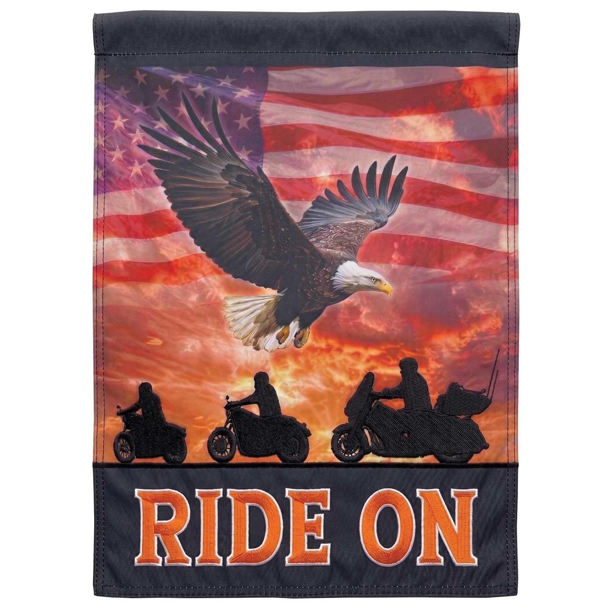 Eagle Motorcycles Ride On Garden Flag, featuring detailed embroidery and colorful designs, displayed outdoors in a garden setting.